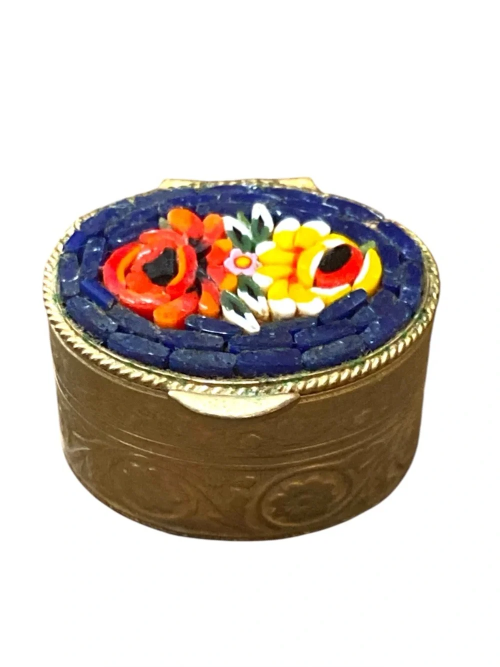 Vintage Italian Micro Mosaic Pill Box Blue Floral Gold Tone Metal Trinket 1.25”